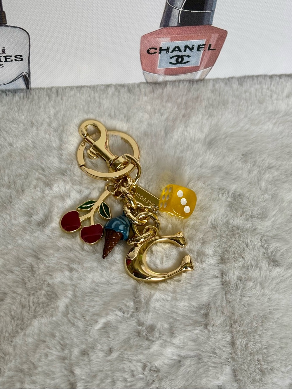 Gold Charm Keychain with Cherry, Ice Cream & Dice Charms